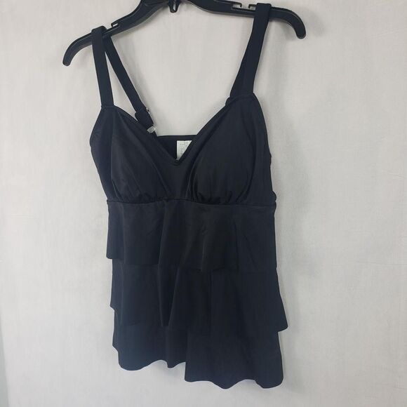 Swim Solutions Tankini Top Womens 10 Black Triple Pleat Ruffle Adjustable Straps - Picture 4 of 12